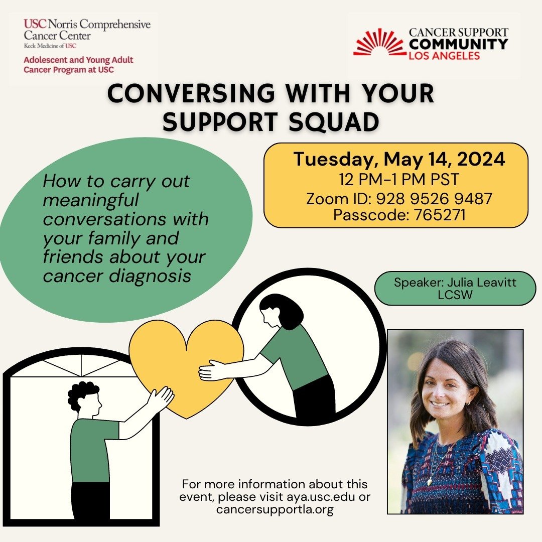 Join us on Tuesday, May 14 for a virtual session with social worker and therapist Julia Leavitt. Julia specializes in supporting young adults with cancer and will be discussing how to navigate difficult conversations about cancer with your friends an