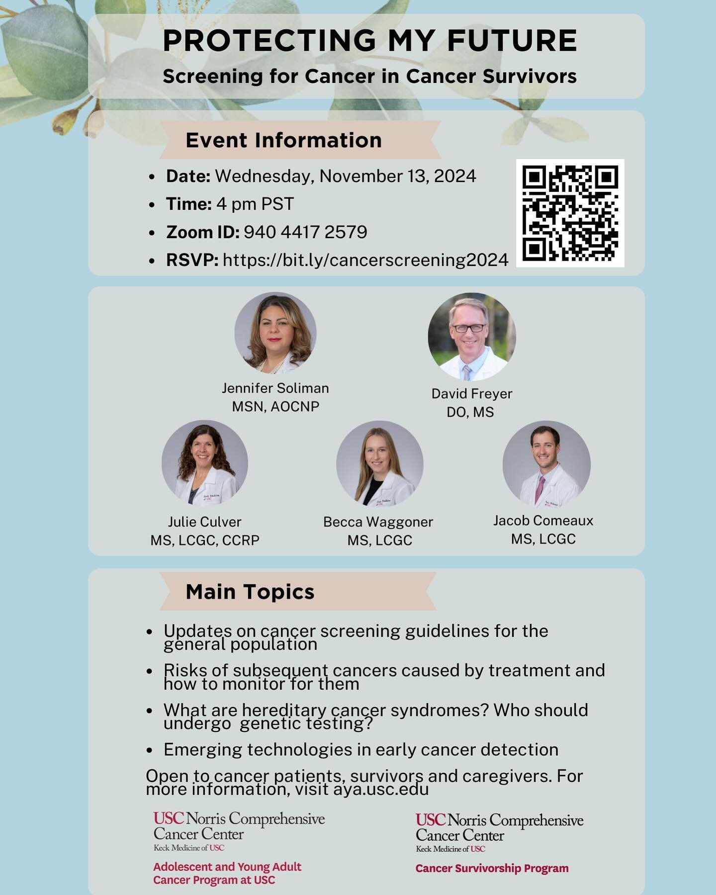 Join us on Wednesday, November 13. 2024 at 4 PM PST on Zoom for our event discussing screening for cancer in cancer survivors! Come hear about the updates to cancer screening guidelines, risks and monitoring guidelines, hereditary cancer symptoms, an