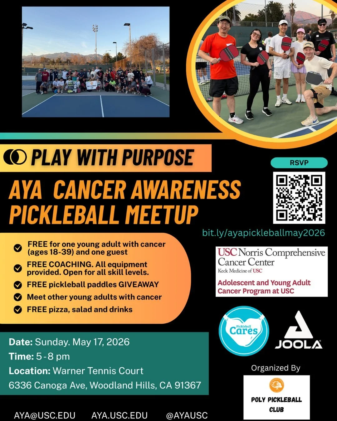 Join us for a fun pickleball meetup on May 17! Learn from the professional coaches how to play well in this most popular community sport since the pandemic. 

FREE paddles give away! FREE food and drinks! FREE for young adults with cancer (ages 18-39