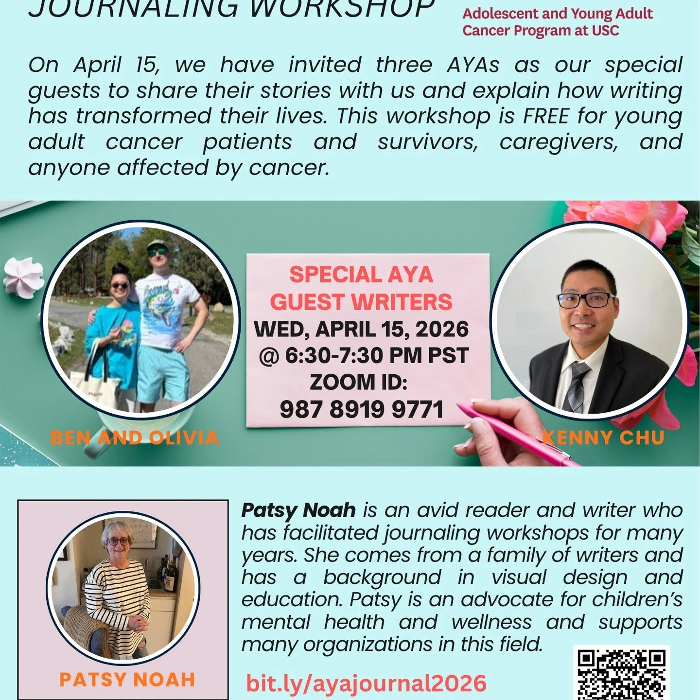 This monthly workshop welcomes anyone affected by cancer&mdash;patients, survivors, and caregivers&mdash;who wants to put their experiences, emotions, and insights into words, whether for personal healing, creative expression, or to craft something i