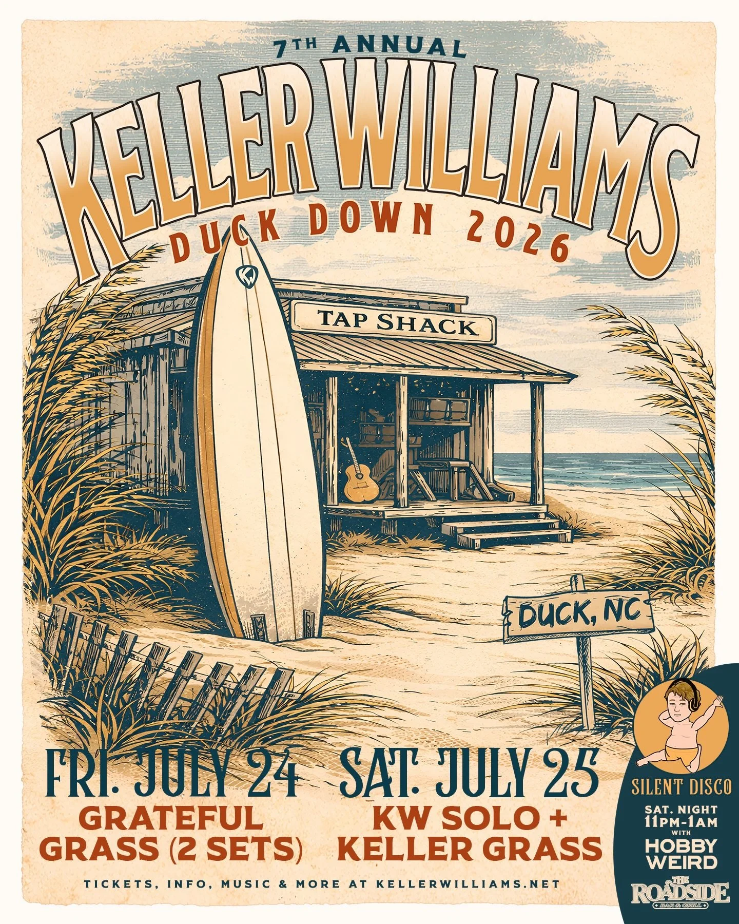 📣 7th Annual Duck Down returns to OBX! 🎟️ on sale Friday 3/27 at 12 noon @tapshackduck 

🎶NEW this year 🎧Silent Disco after show with KW&rsquo;s alter ego @hobbyweird just down the road at @roadside.duck ( Sat night only separate 🎟️ required )

