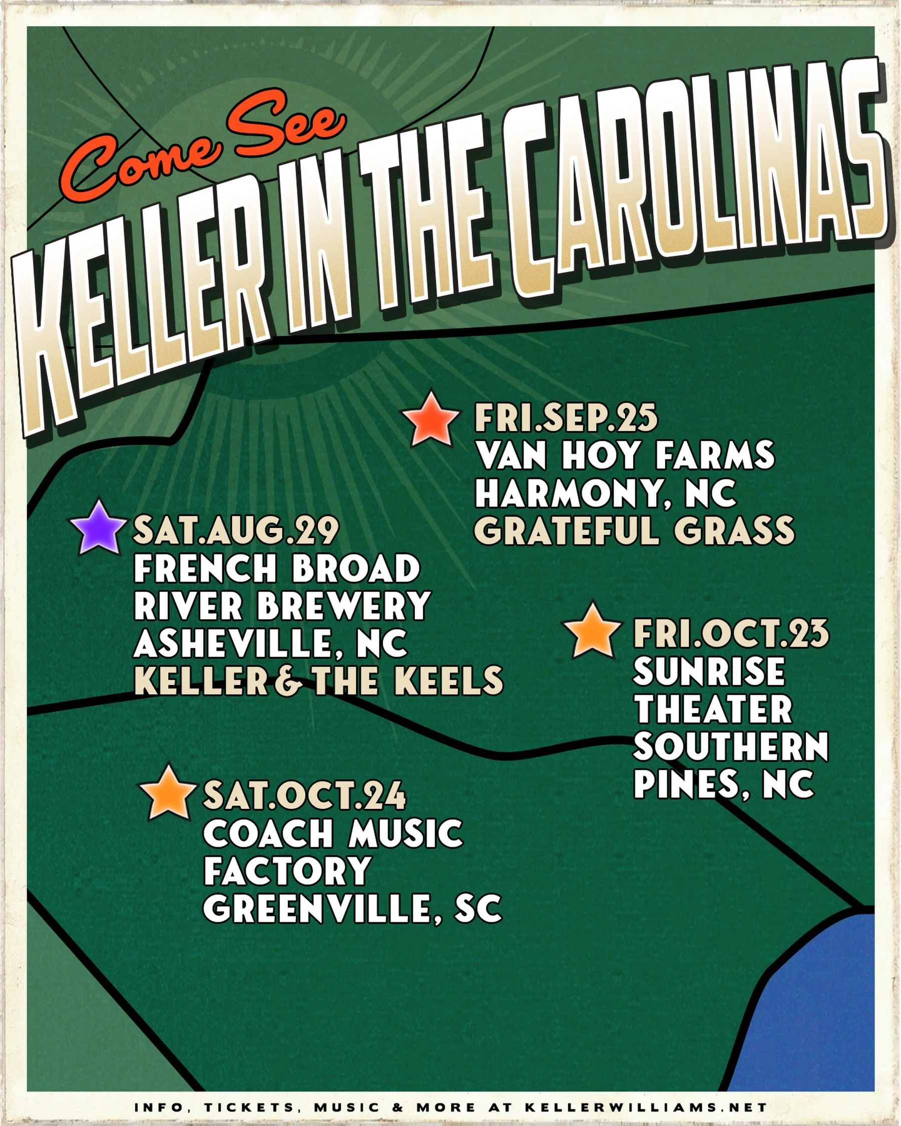 👀 Asheville THIS Saturday @frenchbroadriverbrewery with #kellerandthekeels 

9/25 @ziggysnc at Van Hoy Campground w/ Grateful Grass

Solo shows
10/23 @sunrise.theater 
10/24 Coach Music Factory @peacecenter 

#kellerinthecarolinas
@larrykeel #jennyk