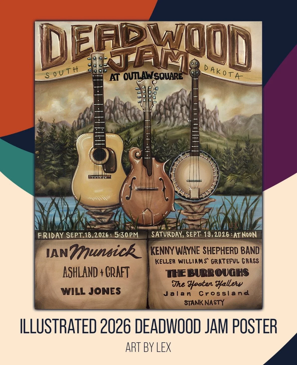🎶THIS weekend! @deadwood.jam FREE fest in South Dakota! 
Poster by @alexajacobs.art 

#kellerwilliamsgratefulgrass 
@hillbenders @gravyboatjohnson