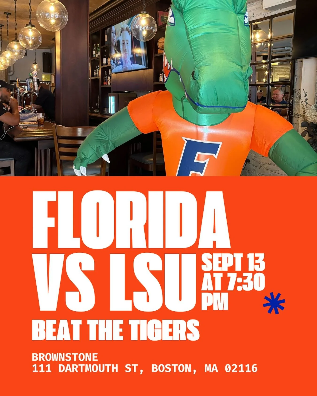 Alright Gators! It’s time to take on LSU 🏈🏟️🐊
Join us @brownstoneboston this Saturday 9/13 to watch @gatorsfb take on LSU!
Be sure to come decked out in Orange and Blue and be ready to #BeatLSU
#GoGators #uflorida #floridafootball #floridaal