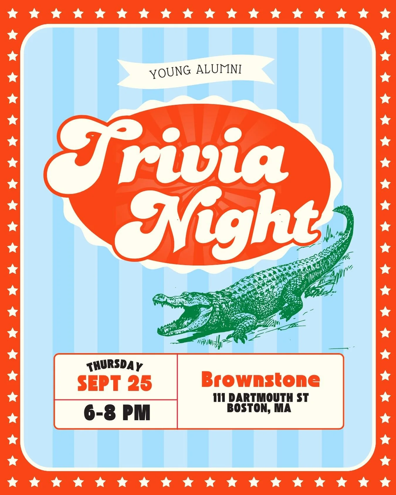 Join us for a Young Alumni Trivia Night on September 25 @brownstoneboston ! Looking forward to taking on the competition 😎 #gogators #ufalumni #floridaalumni #gatoralumni #uflorida #bostongators #newenglandgatorclub