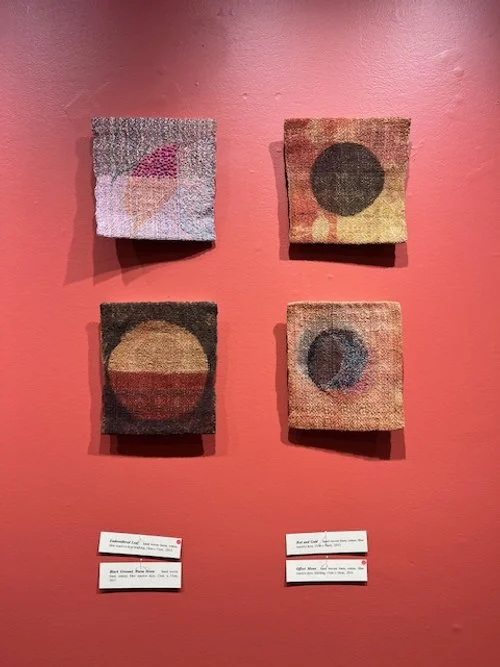 Top Left: Embroidered Leaf 14cmx15cm
Top Right: Red and Gold 15cmx16cm
Bottom Left: Black Ground, Warm Moon 15cmx17cm
Bottom Right: Offset Moon 15cmx16cm 
Hand woven linen, cotton, fibre reactive dyes, stitching.    $120each