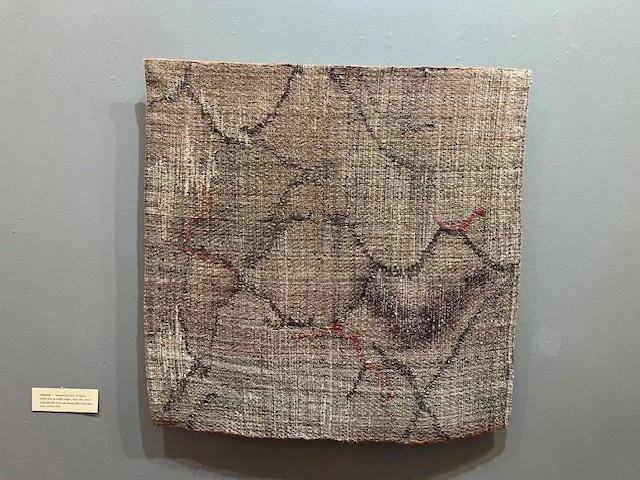 Charred  65cmx65cm handwoven textile, (8 harness treadle pick up double weave), linen, silk, cotton warp and weft, dyed with natural plant based dyes.    $800
