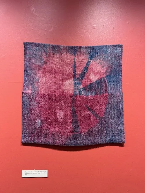 Sunset 45cmx45cm. Hand Woven linen, silk, cotton, dyed with fibre reactive dyes and natural indigo. $200