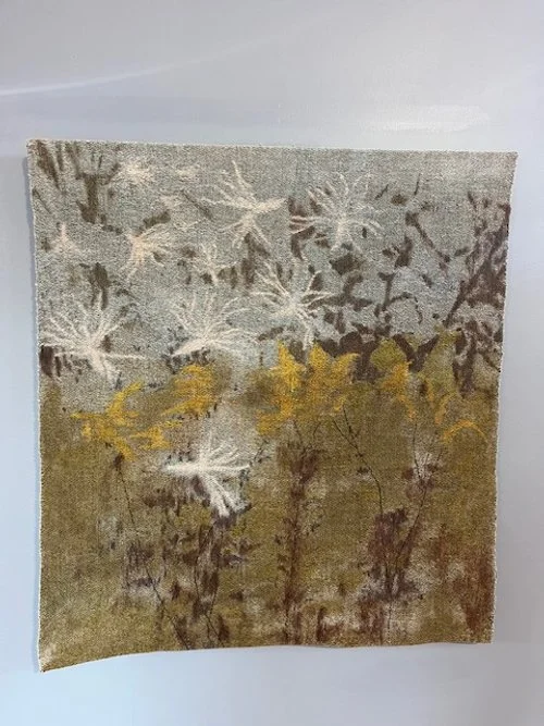 Goldenrod#1 (Plant Portrait Series) 76cmx76cm. Linen pre-mordanted and then hand woven on a jacquard loom, overdyed after weaving with dye from the subject plant.    $900