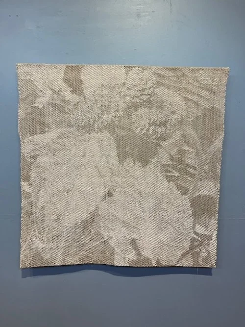 Alder #2 (Plant Portrait Series) 76cmx76cm. Linen pre-mordanted and then hand woven on a jacquard loom, overdyed after weaving with dye from the subject plant.    $900