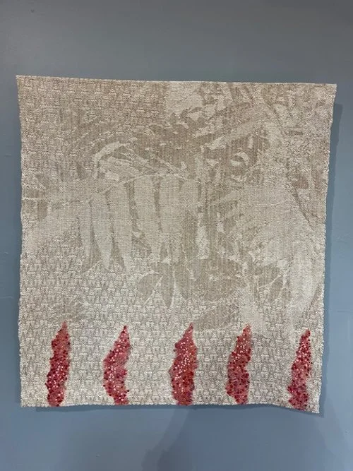Sumac#2  (Plant Portrait Series) 76cmx76cm. Linen pre-mordanted and then hand woven on a jacquard loom, overdyed after weaving with dye from the subject plant.    $900