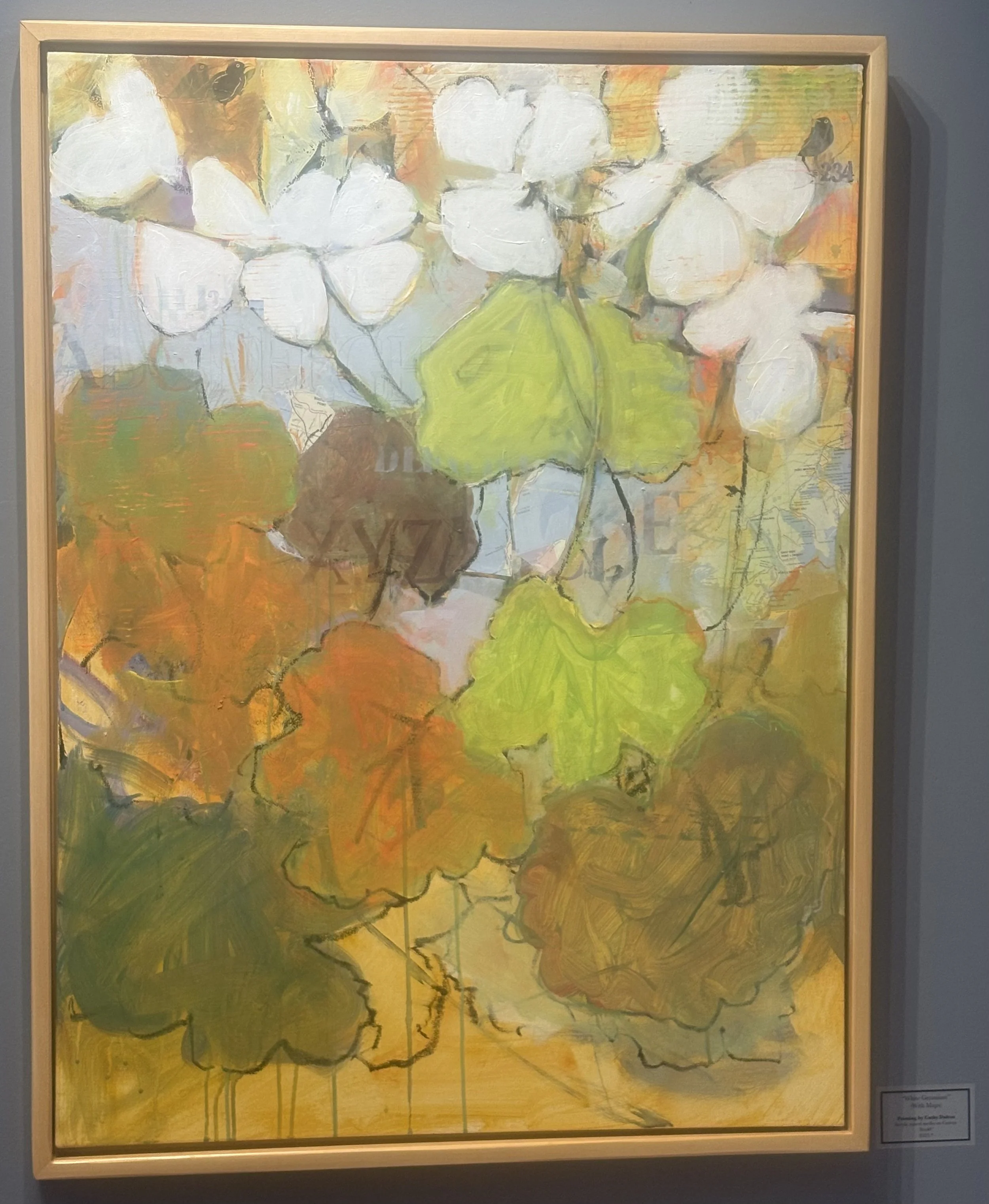 White Geranium with Maps Acrylic Mixed Media $525 by Cathy Dalton