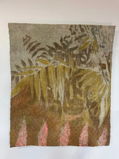 Sumac#1 (Plant Portrait Series) 76cmx76cm. Linen pre-mordanted and then hand woven on a jacquard loom, overdyed after weaving with dye from the subject plant.    $900