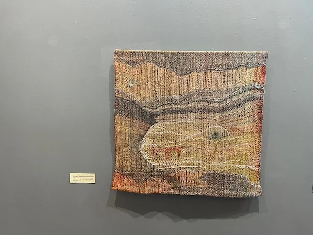 Dinosaur 65cmx65cm handwoven textile, (8 harness treadle pick up double weave), linen, silk, cotton warp and weft, dyed with natural plant based dyes.   $800