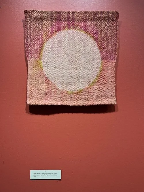 Pink Moon 30cmx31cm. Hand woven linen, silk cotton, fibre reactive and natural dyes. $150