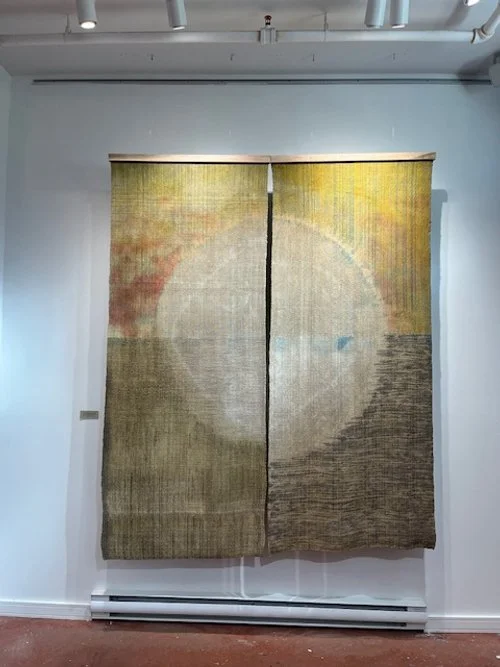 Dark Moon Rising 2panels 101cmx203cm each. Linen, silk cotton and rayon warp and weft, mordanted pre and post weaving, dyed in various natural plant based dyes (alder, madder, indigo primarily)      $2500