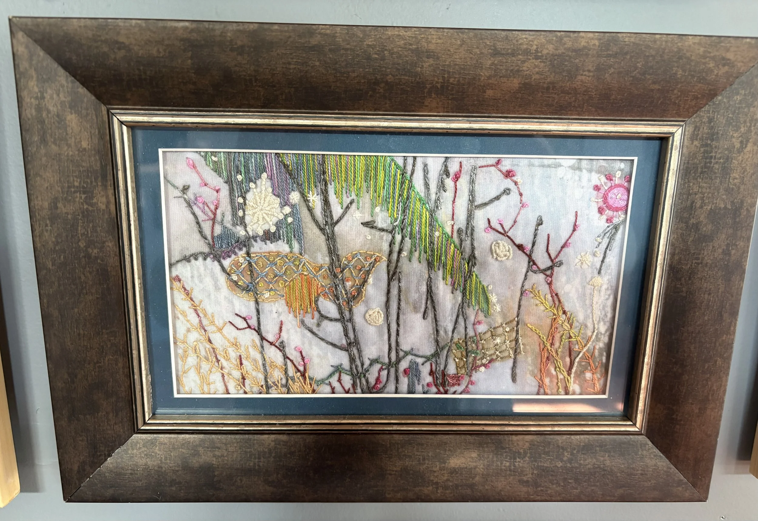 Bird In The Bush Embroidery on Silk Painting $375 by Cathy Dalton and Jan Boiduk