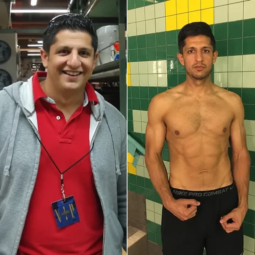 Peter before and after his beach-wedding transformation