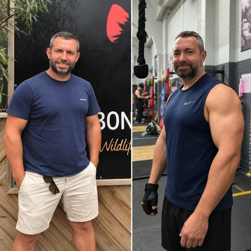 Luiz before and after his body-recomposition and strength transformation