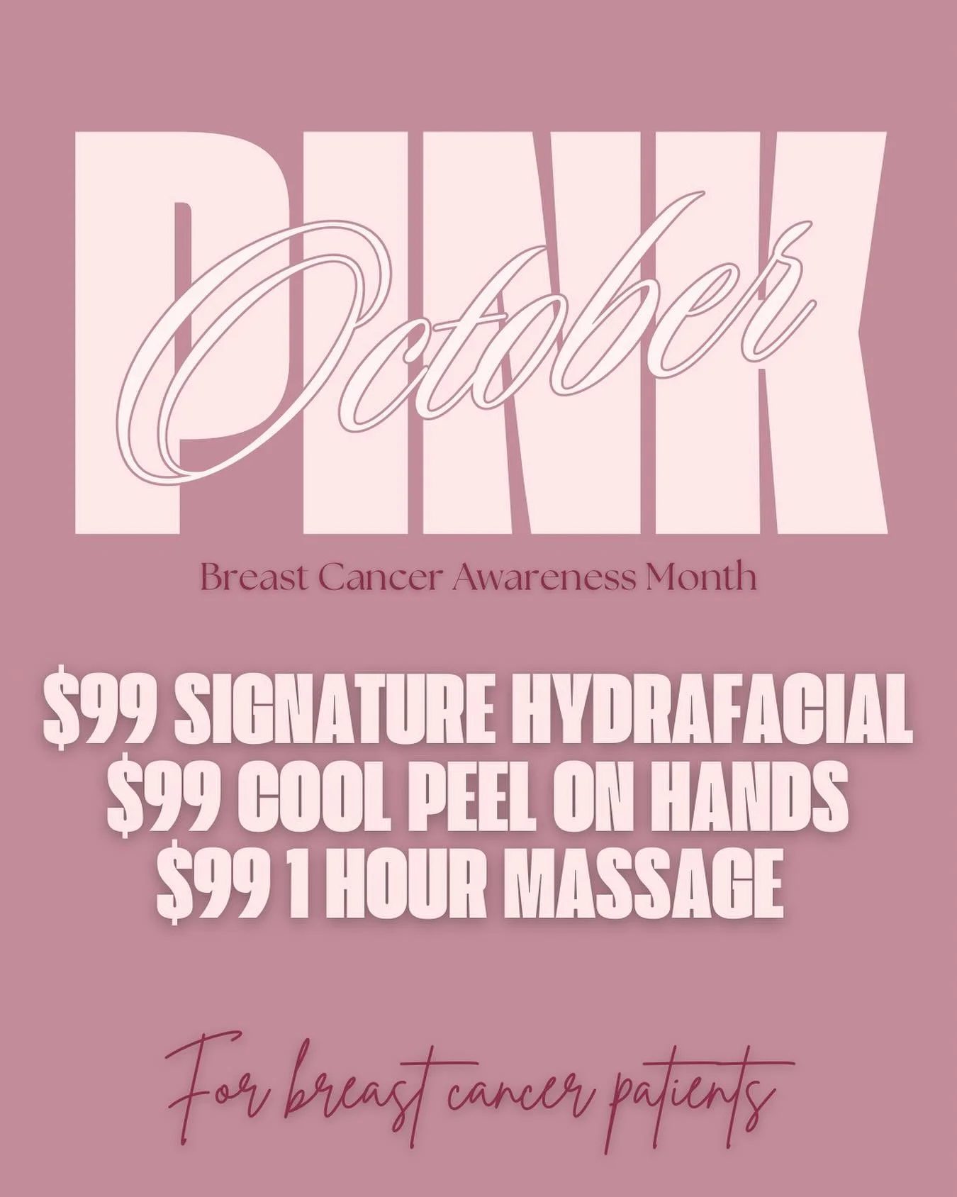 October Breast Cancer Awareness Special - for Breast Cancer Patients Only 💕
Specials valid only through the month of October. Specials can not be banked. Cannot be combined with any other specials or discounts.