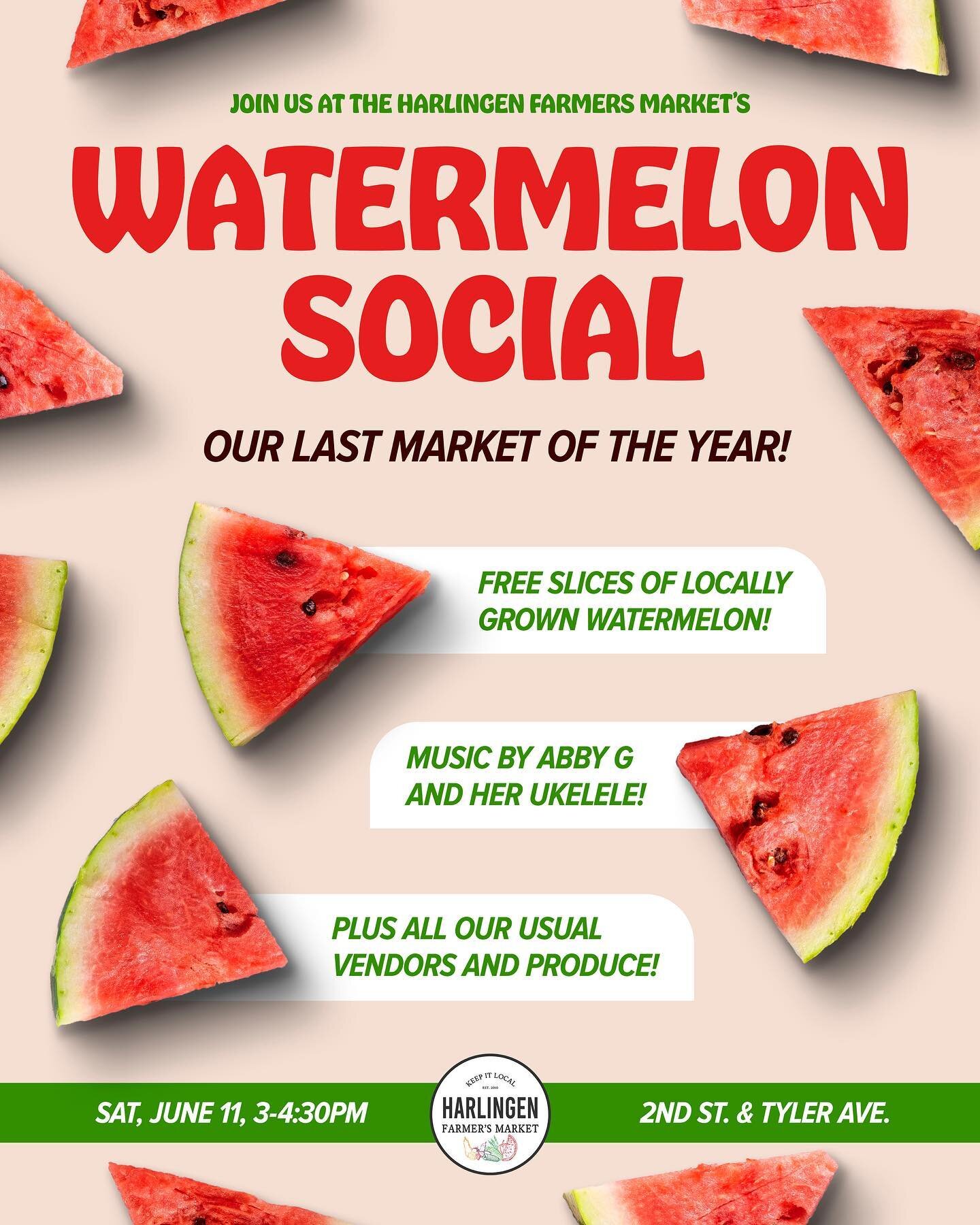 We&rsquo;ve had a great season! Come shop our final market of the season. We are celebrating by giving out free slices of cold locally grown watermelon 🍉. @abbymusicg is our musical guest this week. Her beautiful voice and her ukelele will make your