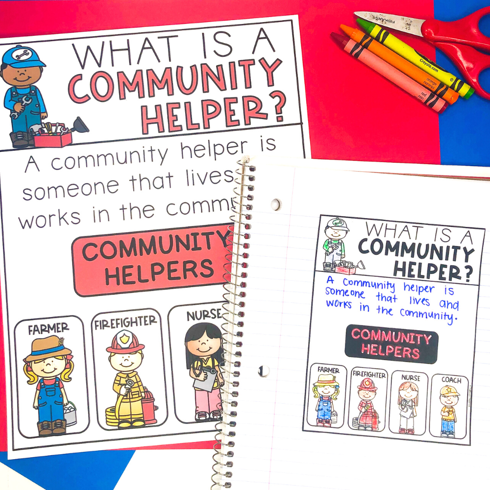 Poster and student journal page that teaches students what a community helper is with images of community helpers like farmer, firefighter, nurse, and coach