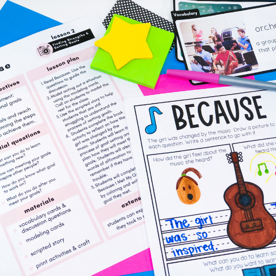Use the social emotional learning lesson plans to teach goal setting with the book Because