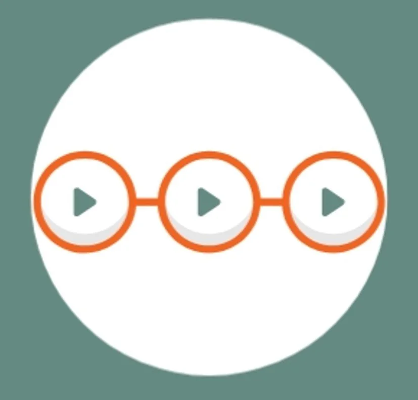 Three circular play buttons connected by lines in a horizontal sequence on a white circular background with a teal outer background.