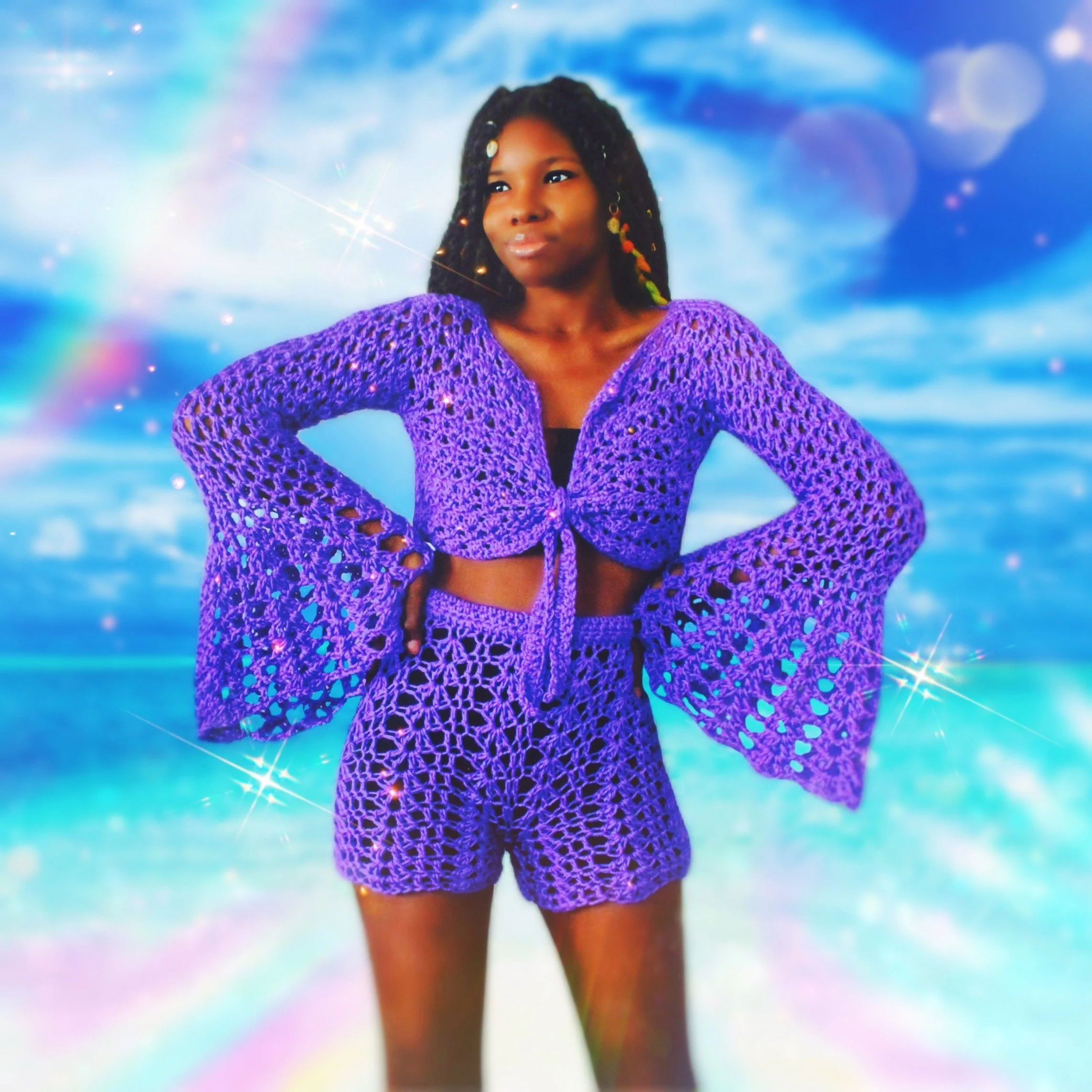 Crocheted Sparkly Long sleeve Tie front top &  Bandeau main image 1