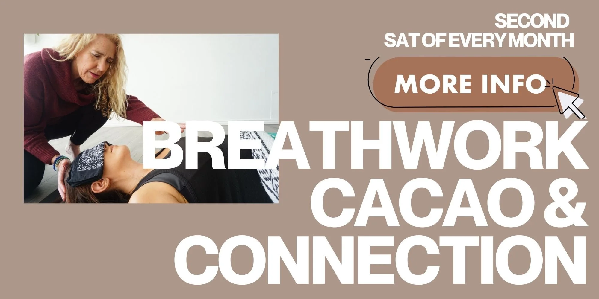 A woman practicing breathwork or meditation with an instructor or guide during a wellness session, with a promotional overlay for a subscription service related to breathwork, cacao, and connection.