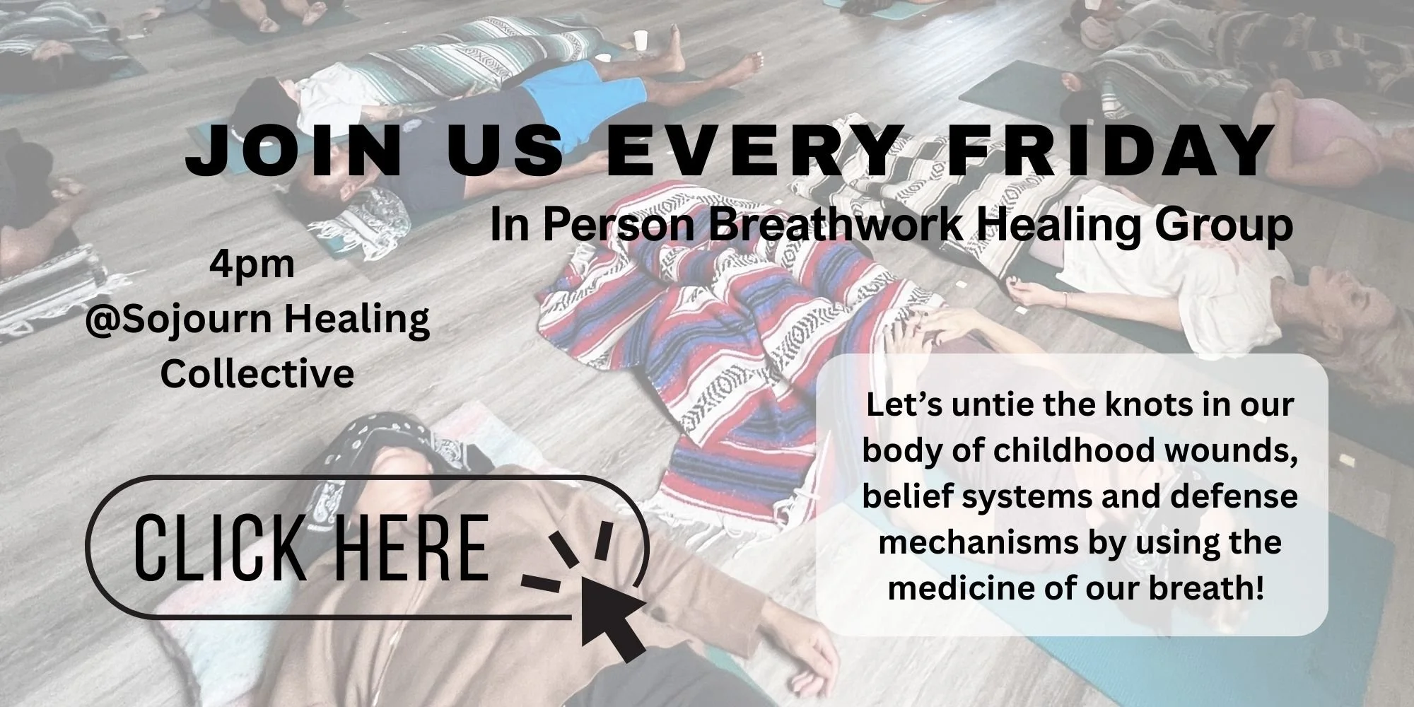 Participants lying on mats in a circle during a breathwork healing group session in a wooden-floored room.