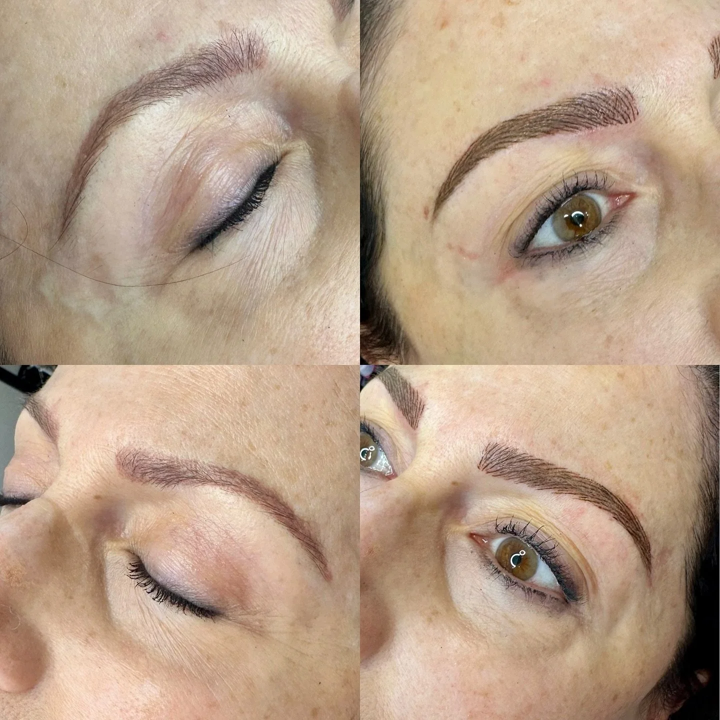Before and after images of eyelash and eyebrow enhancements, including microblading and eyelash treatments.