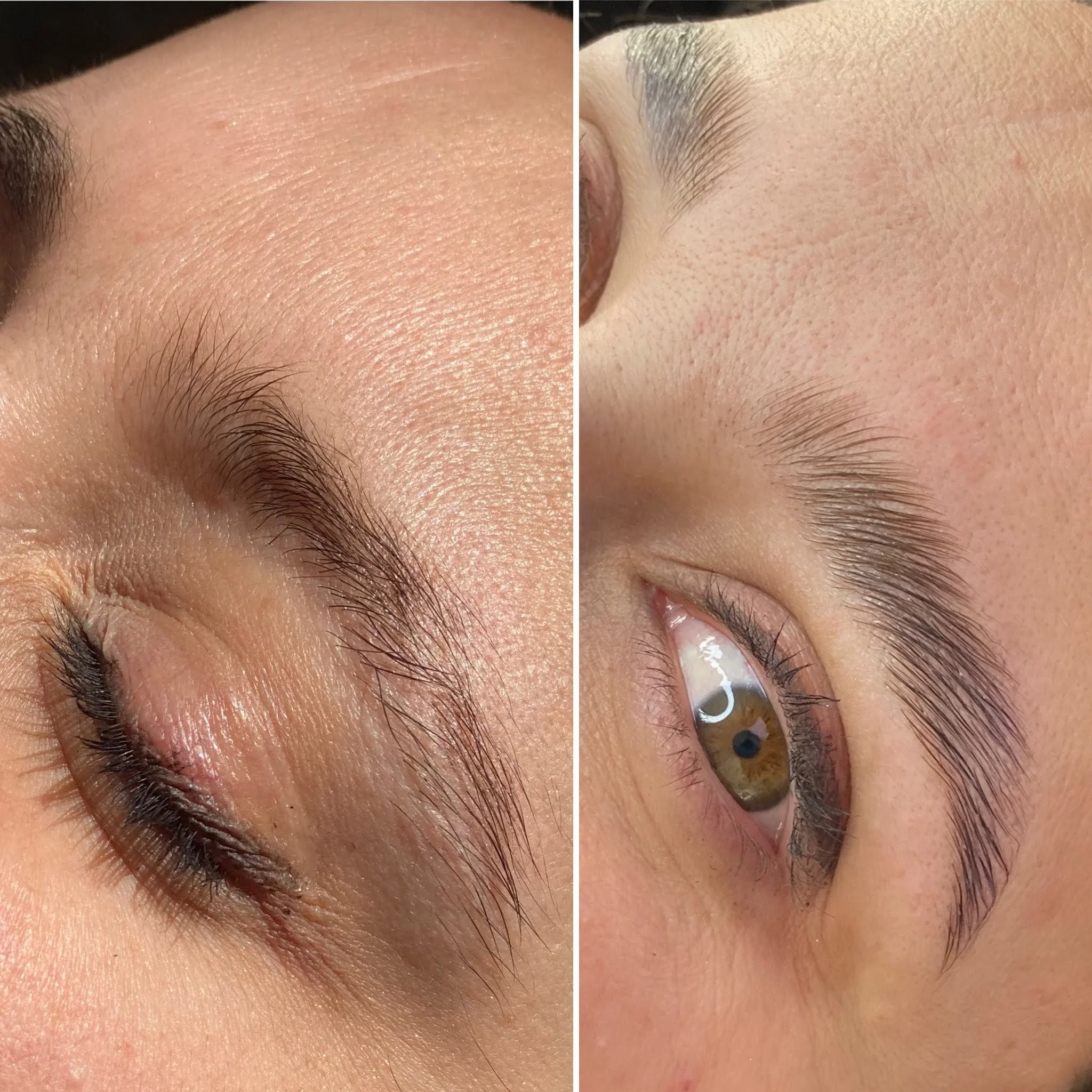 Close-up of a person's face showing before and after eyebrow shaping and grooming, with detailed focus on the eyebrows and skin.