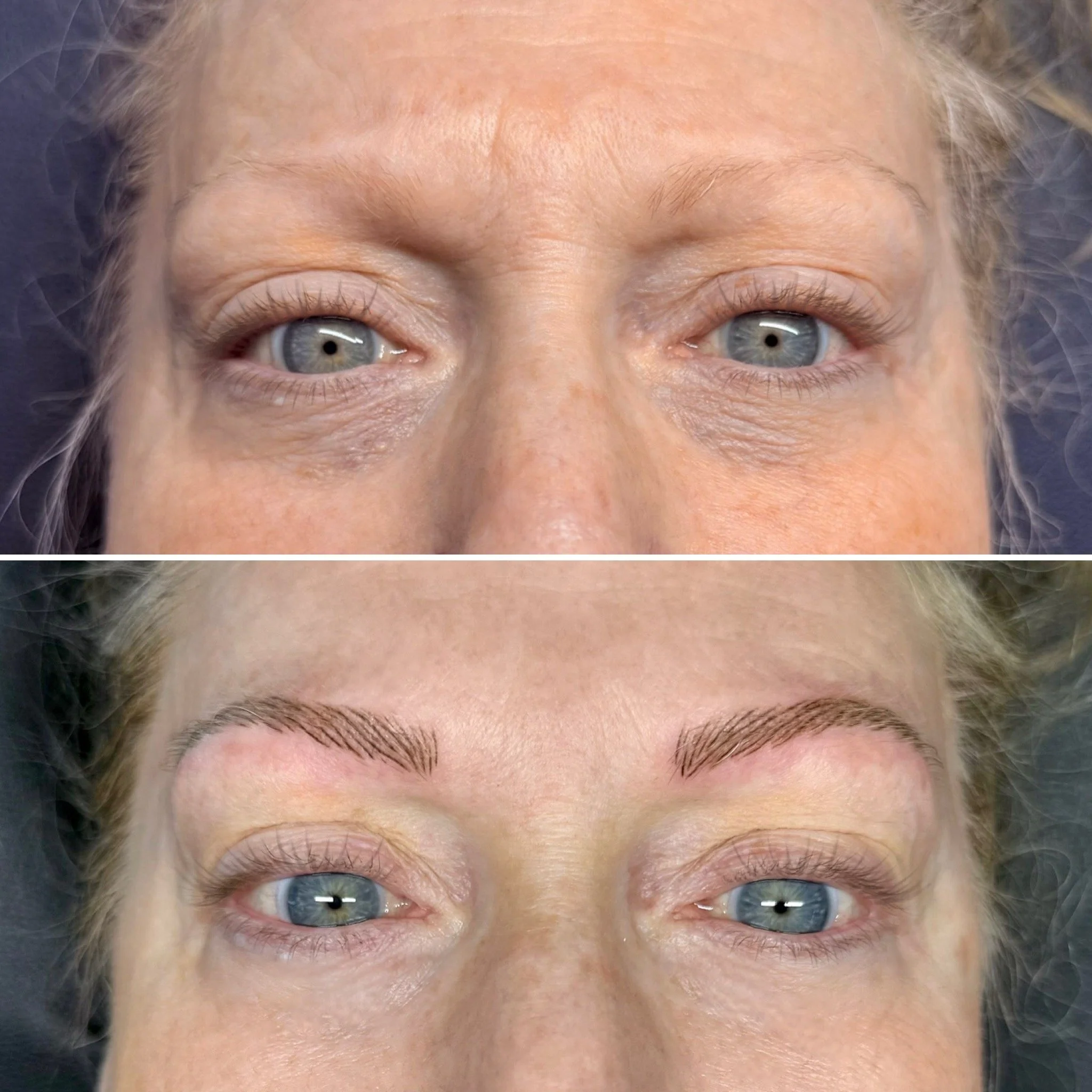 Before and after photos showing a woman's eyebrows, with the lower image displaying newly styled or tattooed eyebrows.