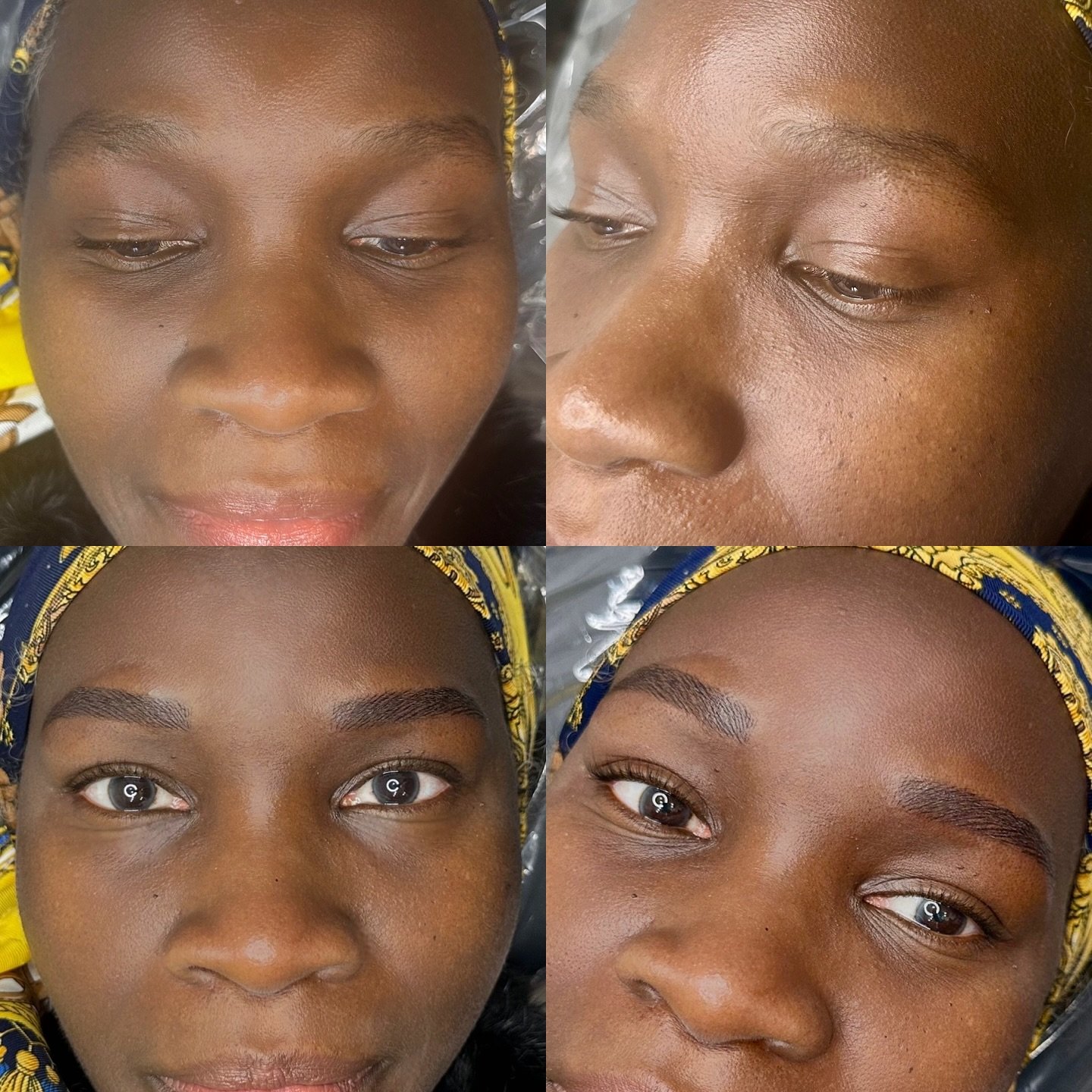 Four close-up images of a woman's face before and after makeup application, showing transformation from natural look to enhanced eyebrows and makeup.