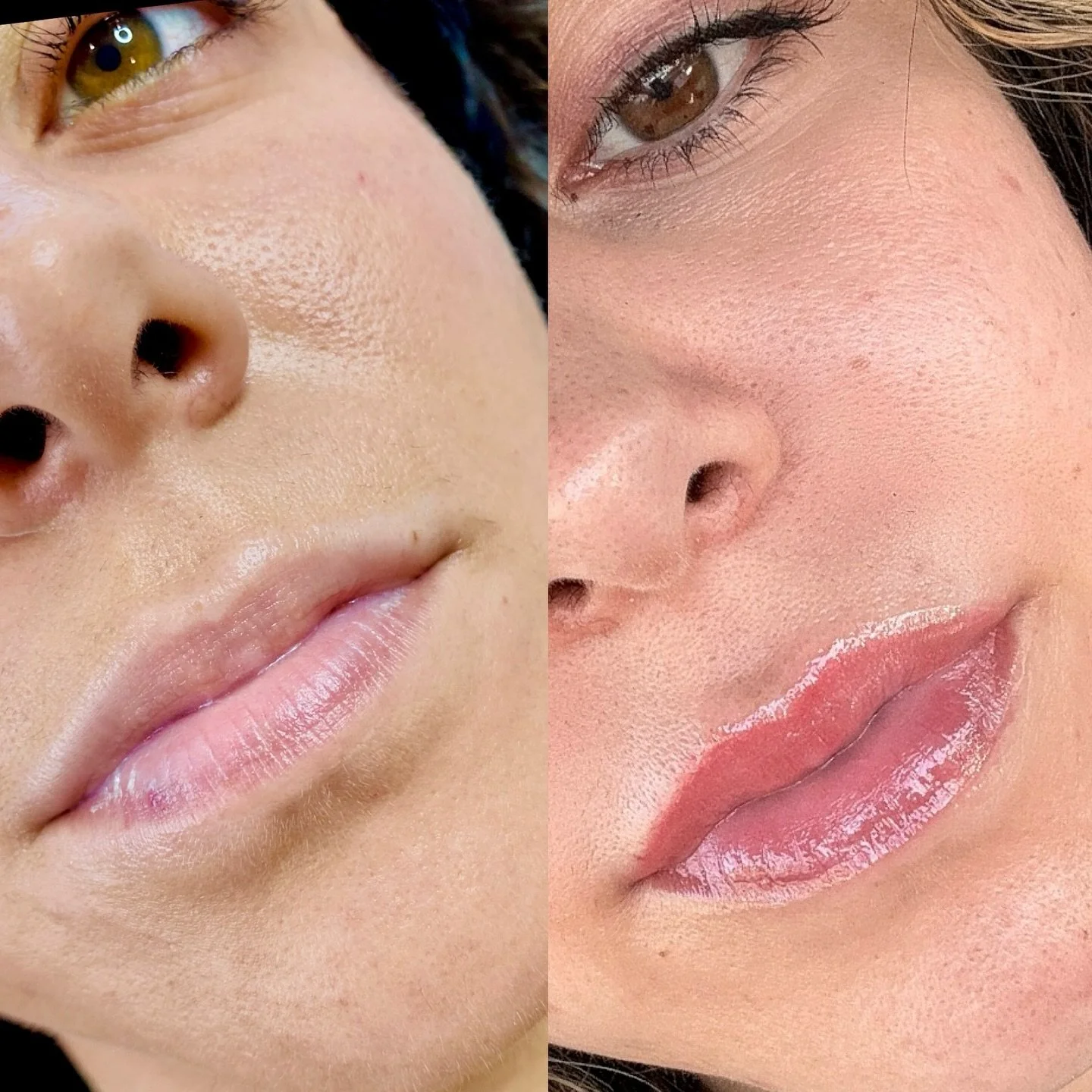 Close-up of two women's faces showing their skin, lips, and eyes. The left side shows a woman with light skin, light lips, and hazel eyes, while the right side shows a woman with slightly darker skin, fuller lips with gloss, and brown eyes.
