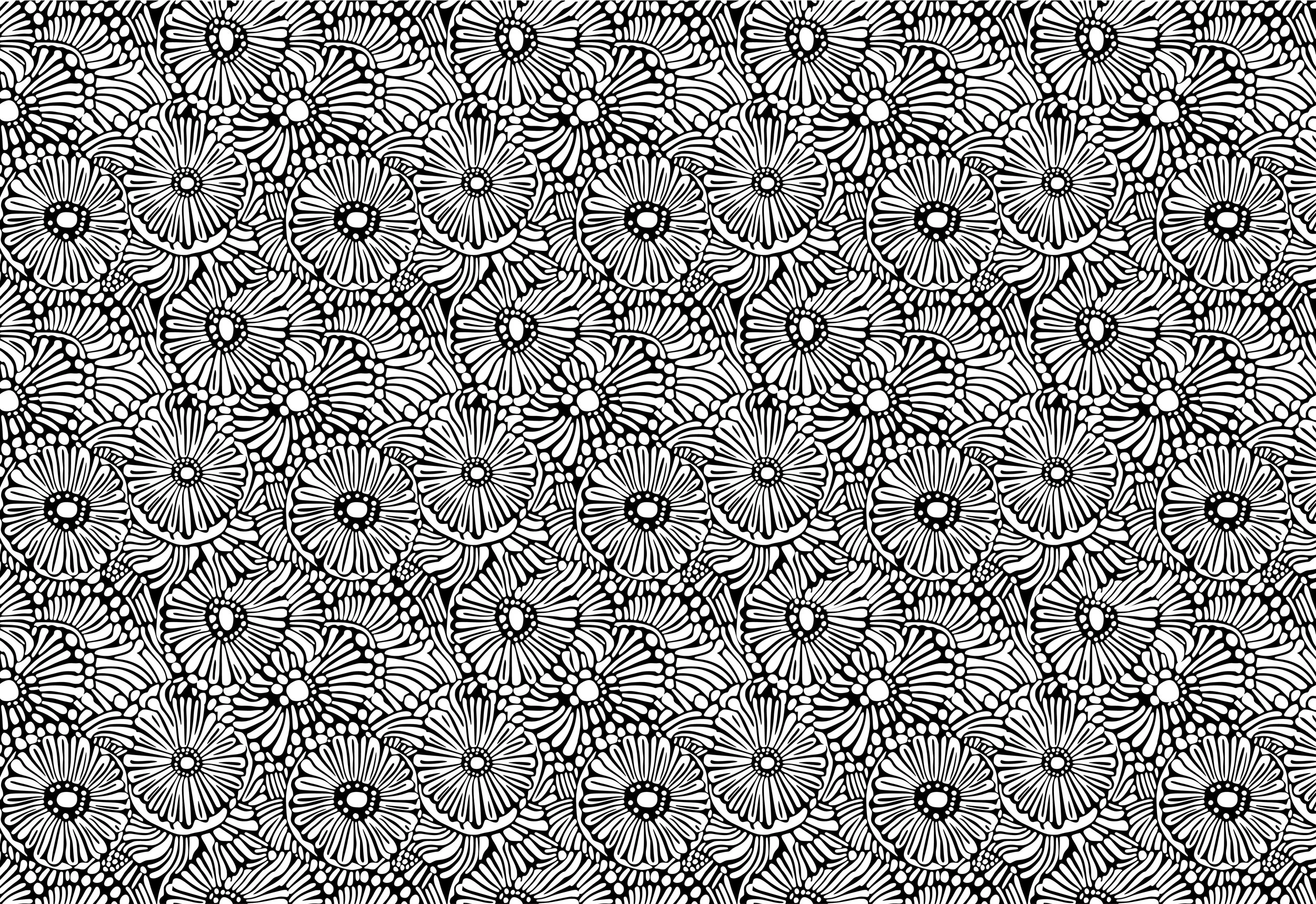 a dense, all-over flower pattern in bold black linework