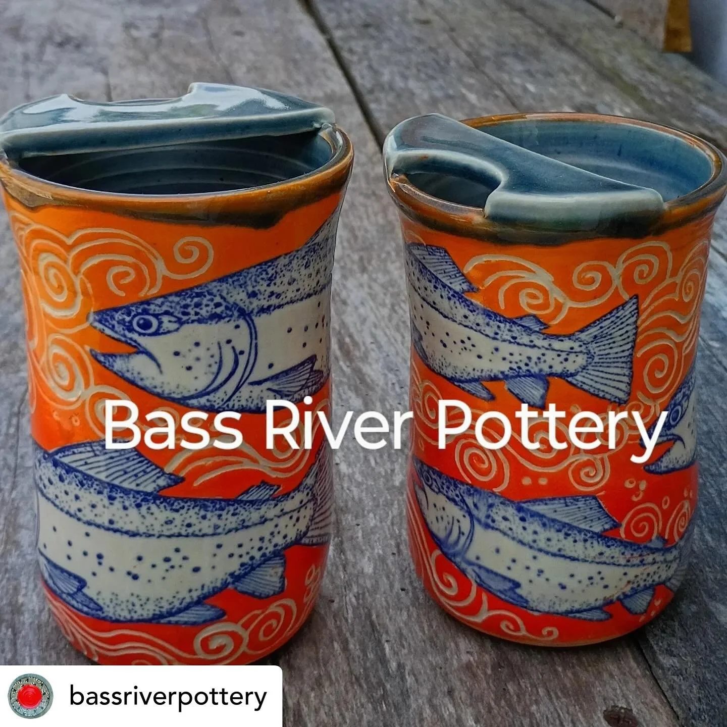 These blue &ldquo;Tale of 3 Fishes&rdquo; underglaze transfers look so striking against the bright orange background that n these cups. Nice work, Jeanmarie! @bassriverpottery #underglazetransfers #ceramics