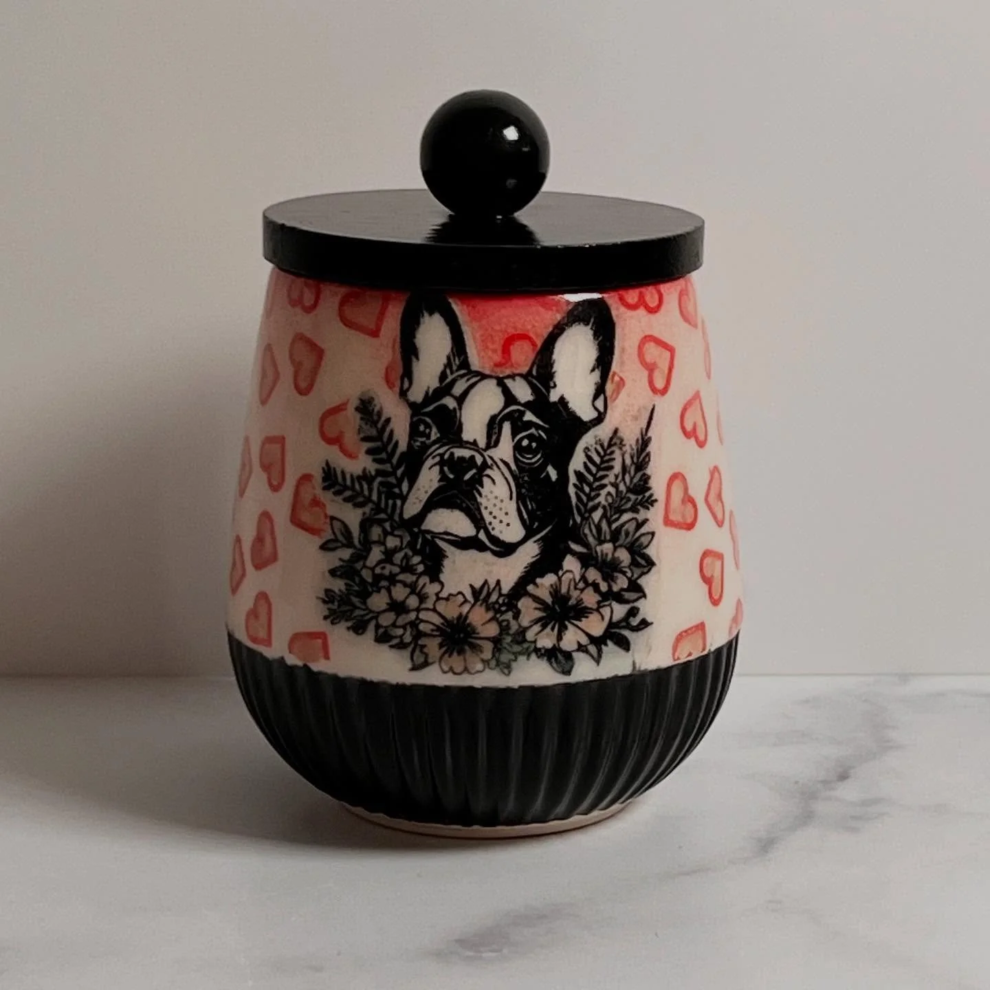 I mailed this little cup/covered jar yesterday to my mother for her upcoming birthday - as an homage to my parents&rsquo; sweet little Boston Terrier named Maggie, who they lost a few months ago. I intended it to be a cup, but I discovered that the b