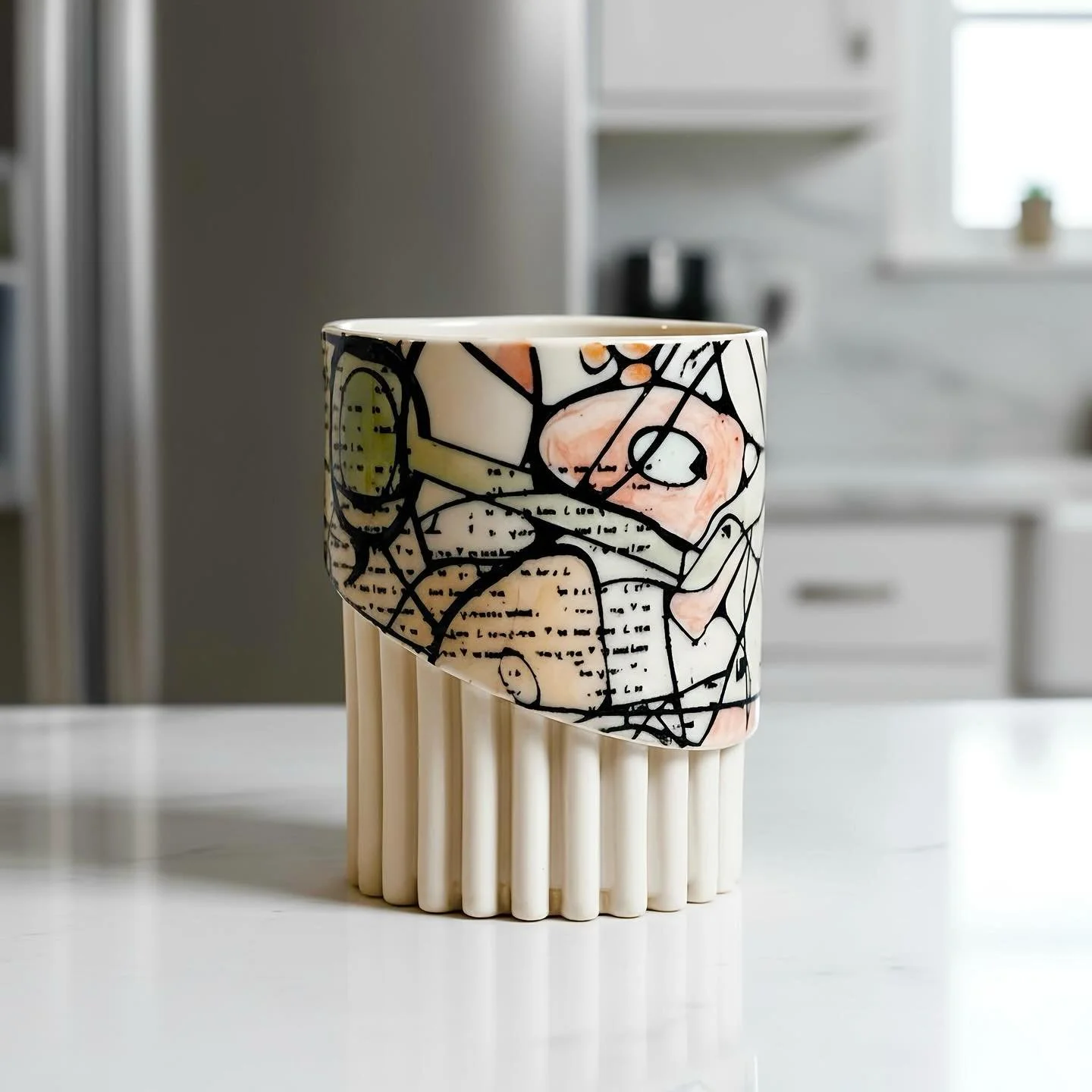 This is the new underglaze transfer, &ldquo;Abstract City Map&rdquo; on a slip cast cup. I applied the transfer during the greenware stage, bisqued, then added color by painting in sections of the design with water downed underglazes, then glazed it 