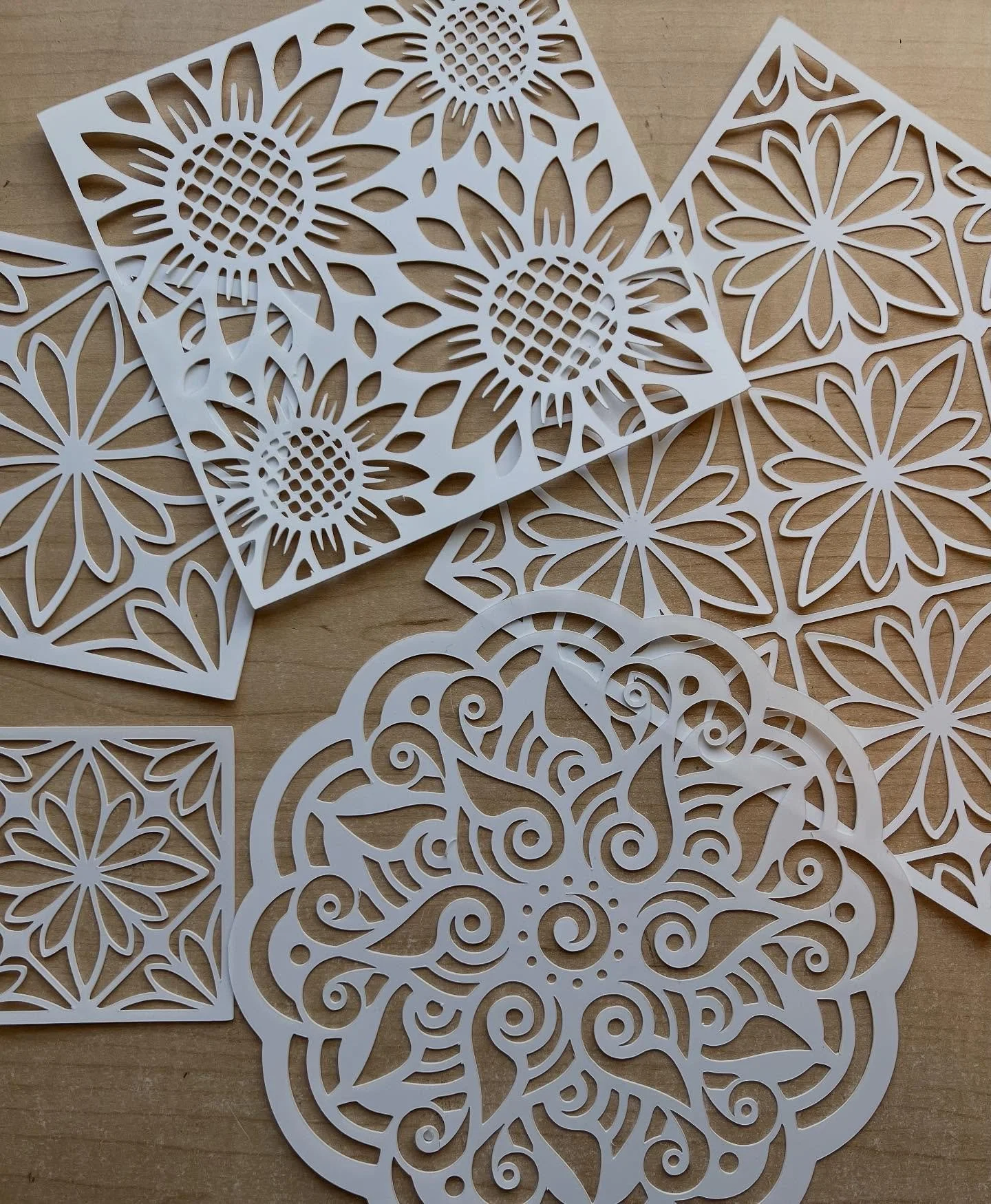 I&rsquo;m in full on stencil design mode right now. Here are a few new ones! The round stencil is intended to be used with @gr.pottery.forms RD2 forms, but I haven&rsquo;t tested them out yet or figured out the sizing, but the square ones are on my w
