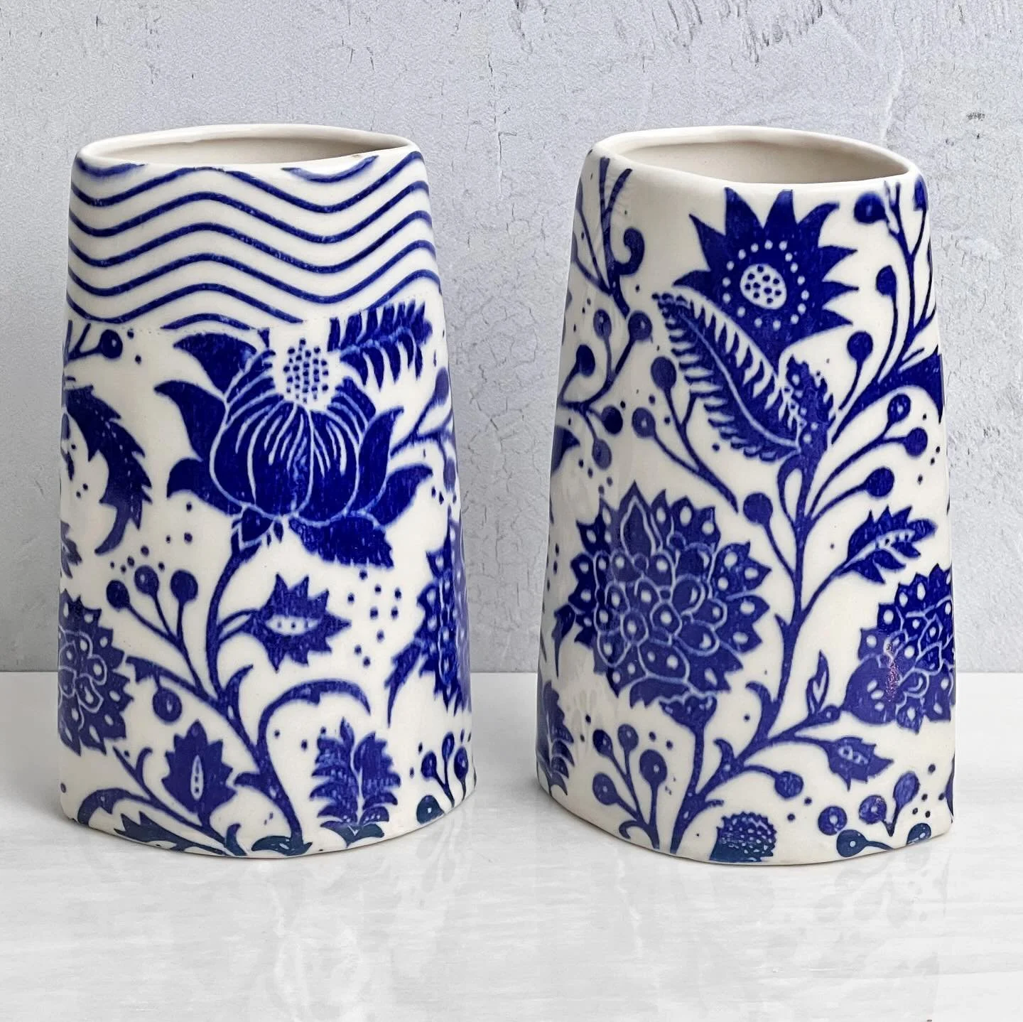 Windowsill vases, decorated with the Kalamkari and Wavy Lines transfers. #underglazetransfers #printonclay