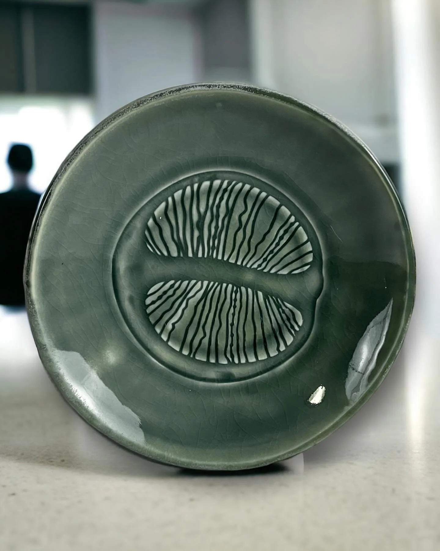 This plate was impressed with one of my stencils called &ldquo;Fruit Slice #4&rdquo;. Picking the right glaze that breaks over texture is key. This glaze is one that I made but any of the Amaco Celadons work in the same way - where they pool in the r