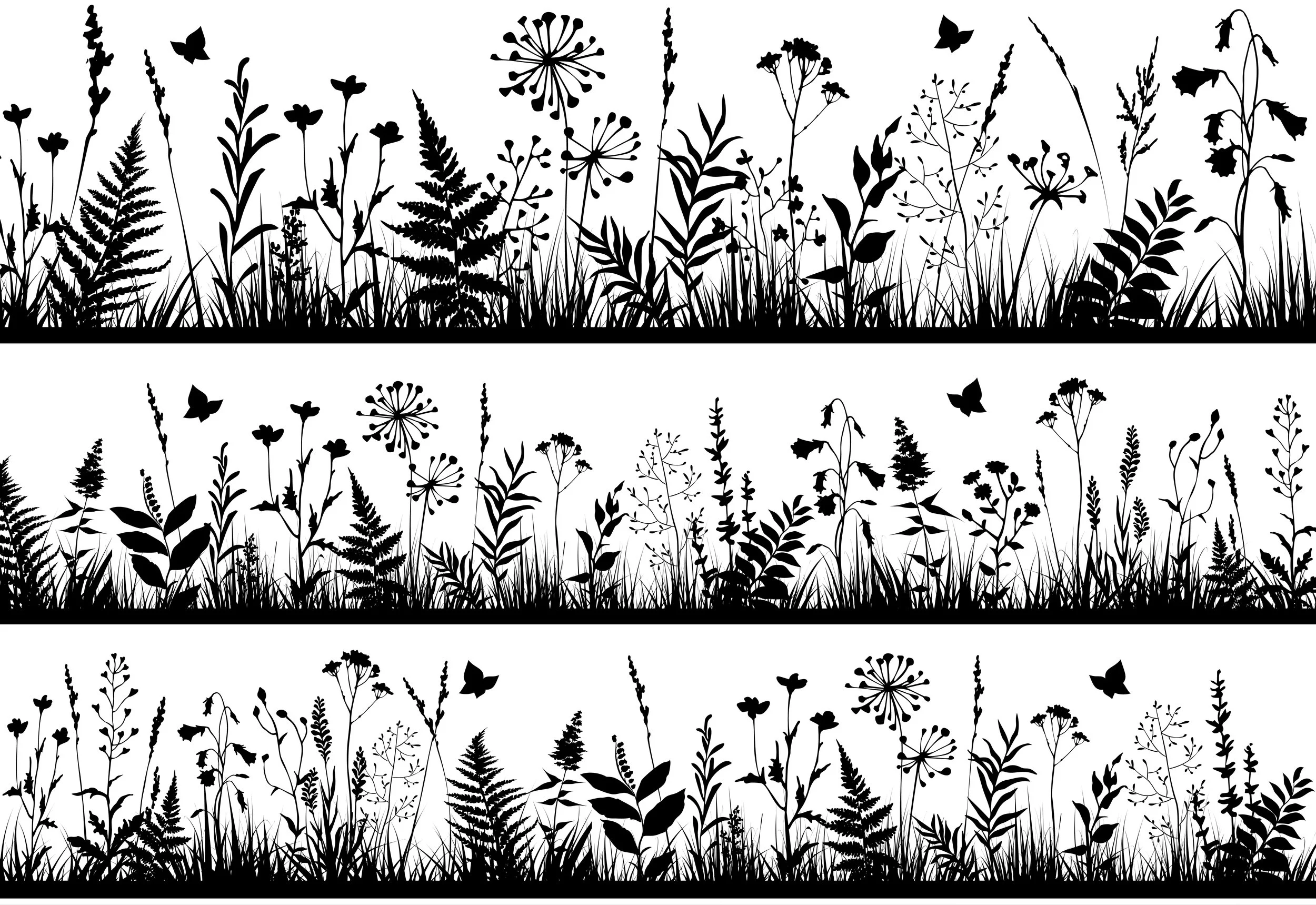 3 separate borders featuring layered grasses, wildflowers, seed heads, ferns, leafy stems, and small butterflies
