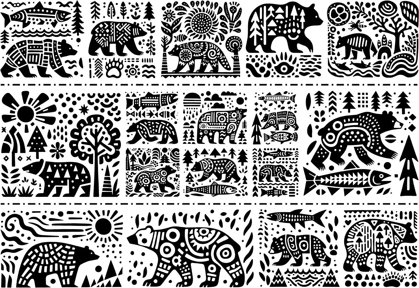 a bold collection of folksy bear designs in black and white