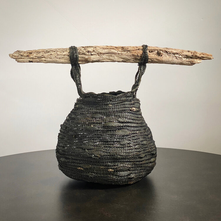 Rockweed vessel with driftwood handle