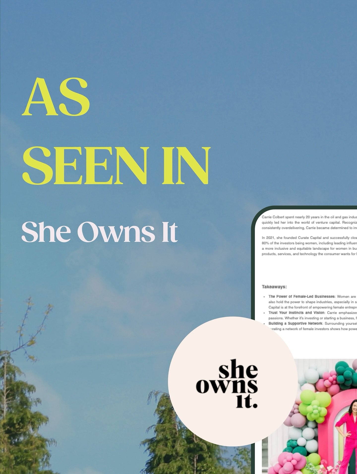 She. Owns. It. 🤩🙌💥
&zwj;
A well-deserved congratulations to Carrie Colbert, founder of Curate Capital, on her recent feature by She Owns It! We love to see Carrie&rsquo;s work highlighted by a platform so dedicated to celebrating, connecting, and 