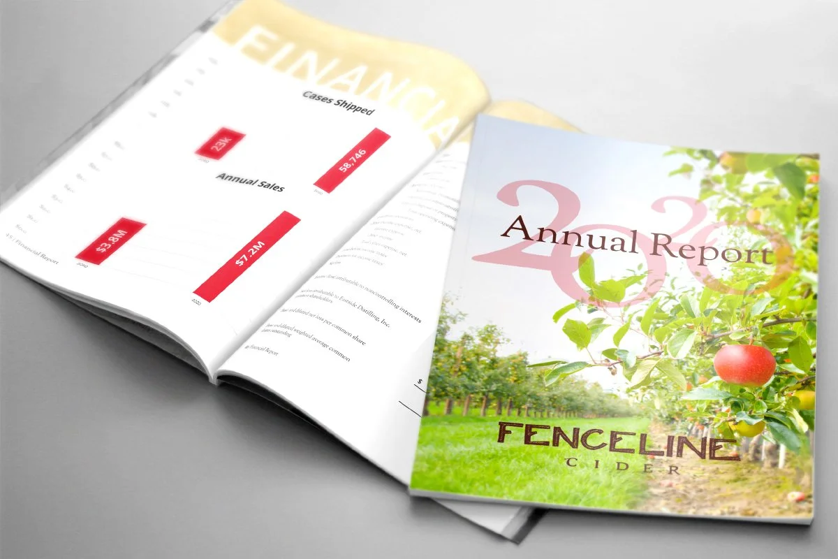 Fenceline Cider annual report cover and graphs mockups
