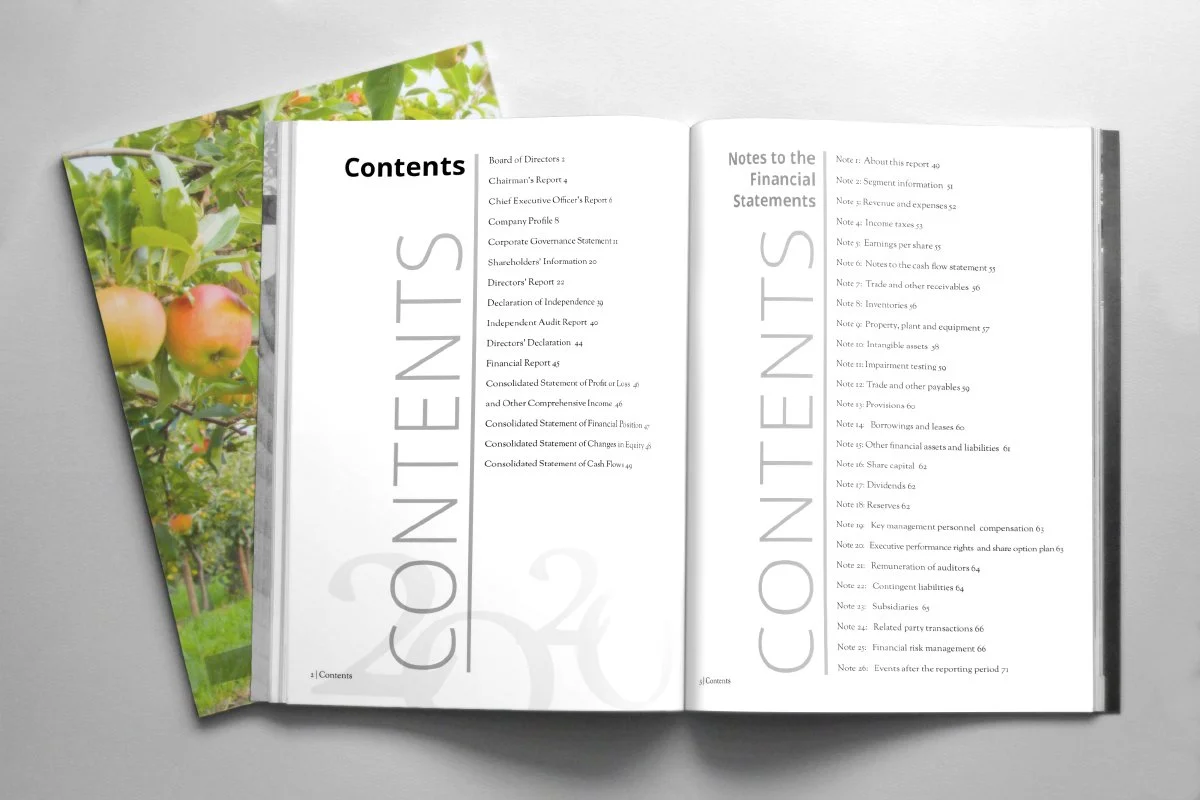 Fenceline Cider annual report table of contents mockup