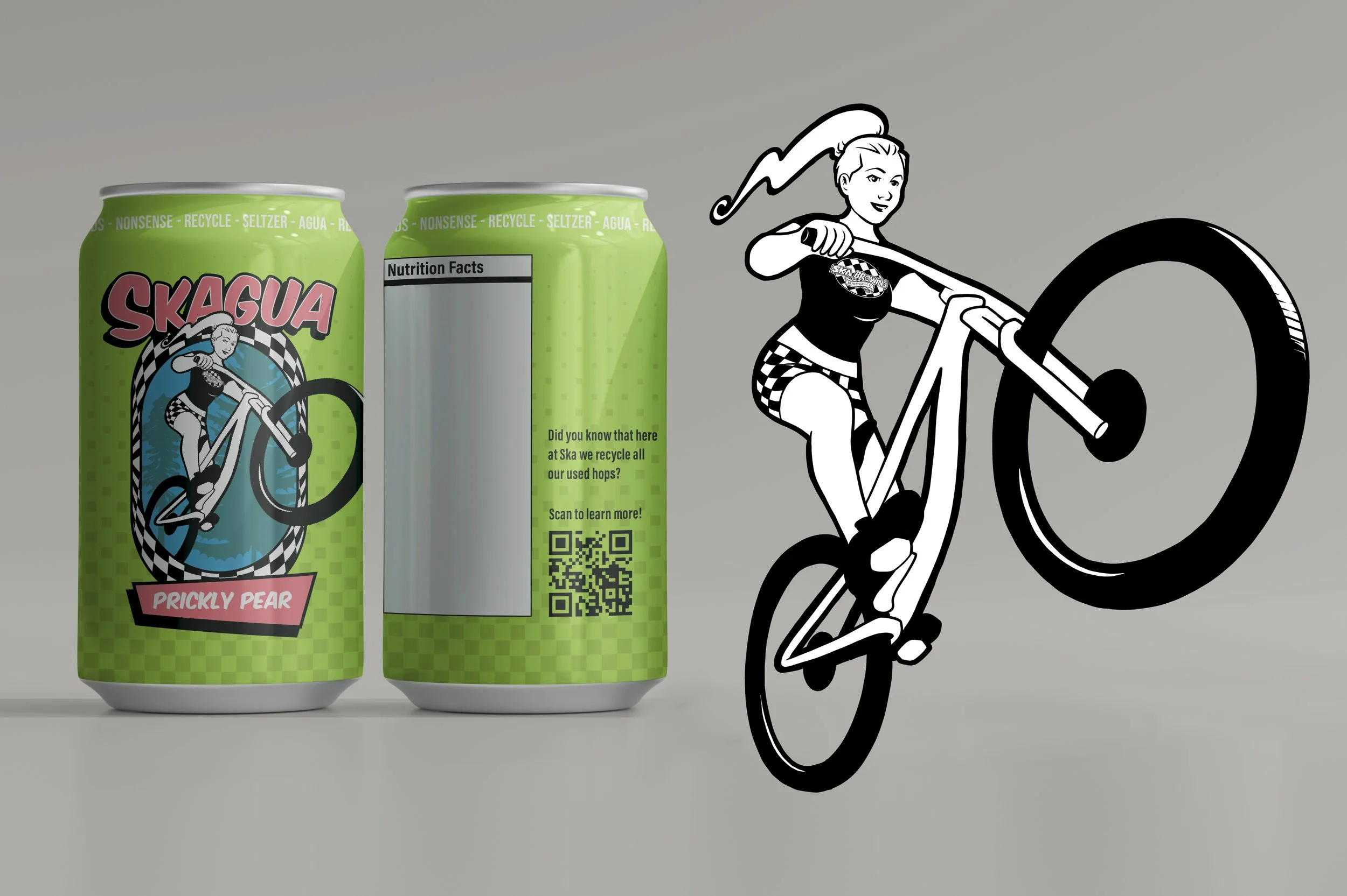 These sparkling water cans were designed under the "Ska+" approach which aimed to focus more on experiences surrounding the product, as well as less represented elements of Ska's current branding. The character depicted is one who appears frequently